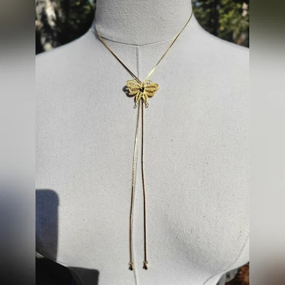 Vintage Delicate Gold Filigree Butterfly Slide Bolo Necklace - Picture 8 of 12